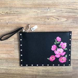 White House Black Market Black Flat Envelope Clutch With Pink Florals NWT